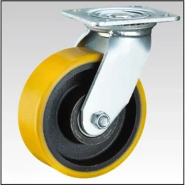 Heavy Duty Caster with Yellow Wheels and Black Hub, Cast iron core with Polyurethane